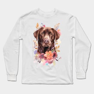 Pet Dog Portrait, Dog Owner Gift Idea, Cute Chocolate Lab Watercolor Dog Portrait Long Sleeve T-Shirt